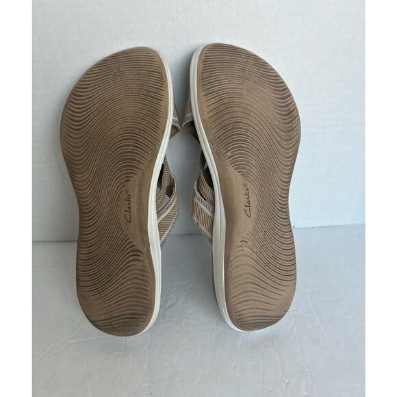 Clarks Cloudsteppers Mira Isle Tan/White Canvas Strap Flip Flop Slide Sandal 7.5 - Picture 11 of 11